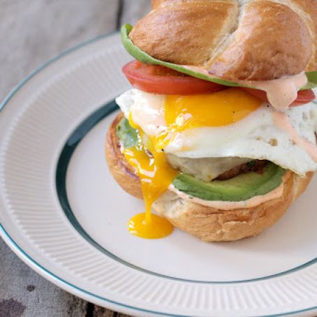 Pan-Fried Chorizo Burgers with Avocado, Fried Eggs and Spicy Mayo