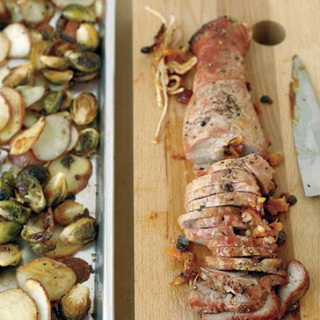 Apricot-Stuffed Pork with Potatoes and Brussels Sprouts
