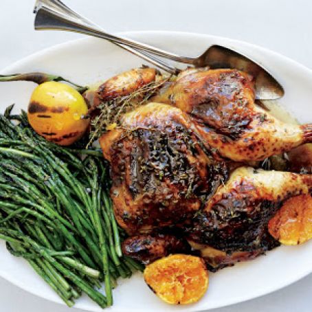 Roast Chicken with Rhubarb Butter and Asparagus