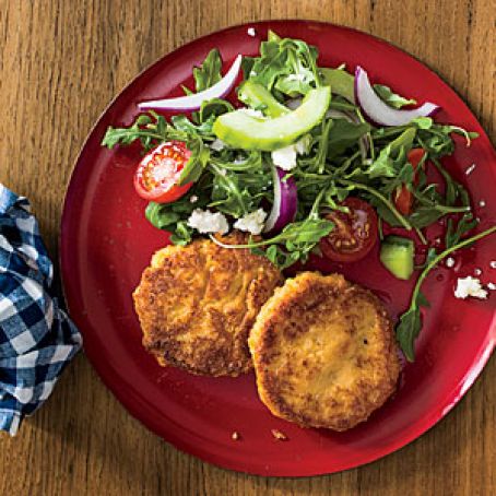 Hummus-and-Rice Fritters with Mediterranean Salad Recipe Print Page | MyRecipes.com