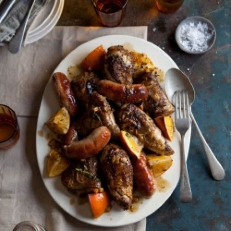 Spicy roasted chicken and sausages with marmalade and thyme