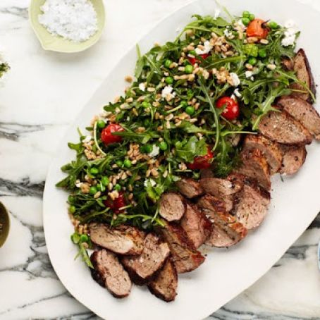 Dill-Crusted Pork Tenderloin With Farro, Pea, and Blistered Tomato Salad