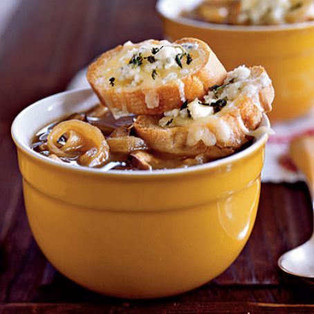 Caramelized Onion and Shiitake Soup with Gruyère–Blue Cheese Toasts