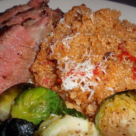Roasted Red Pepper Quinoa with Ribeye and Roasted Brussels Sprouts