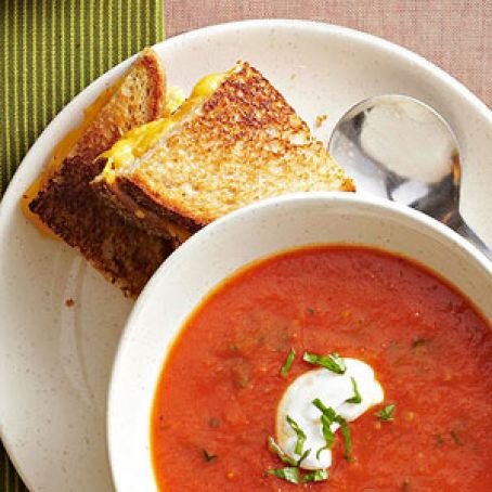 Roasted Tomato Soup and Waffle Iron Grilled Cheese Sandwiches