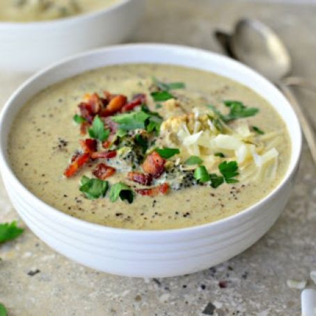 Roasted Broccoli + Cauliflower Soup {with Bacon and White Cheddar!}
