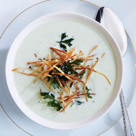 Leek Soup with Shoestring Potatoes and Fried Herbs