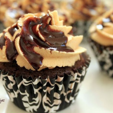 Peanut Butter Filled Hot-Fudge Drizzled Chocolate Cupcakes
