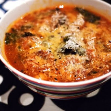 Spicy sausage, chickpea, kale, and pasta soup