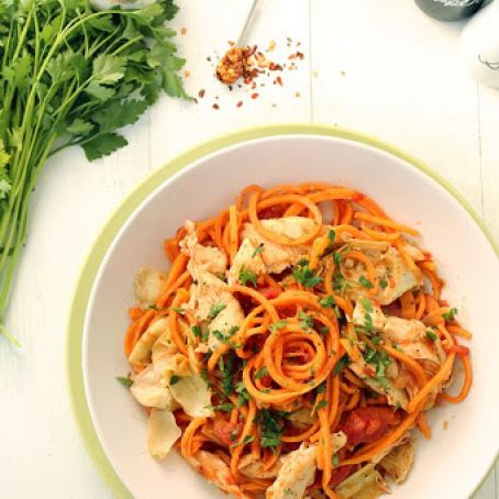 Tomato Sweet Potato Noodles with Roasted Artichokes and Chicken