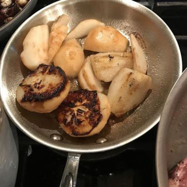 the ultimate pork chops with polenta, onion agrodolce, fried sage & roasted pears