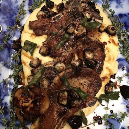 the ultimate pork chops with polenta, onion agrodolce, fried sage & roasted pears