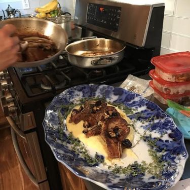 the ultimate pork chops with polenta, onion agrodolce, fried sage & roasted pears