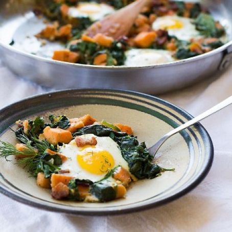 Baked Eggs with Sweet Potatoes and Bacon
