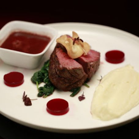 Beef Fillet with Parsnip Purée, Beetroot & Red Wine Discs and Red Wine Jus