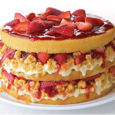 Strawberries & Corn-Cream Layer Cake with White Chocolate Cap’n Crunch Crumbs