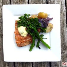 Cedar plank salmon with basil aioli