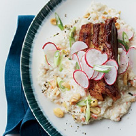 Crispy Pork Belly with Kimchi Rice Grits and Peanuts
