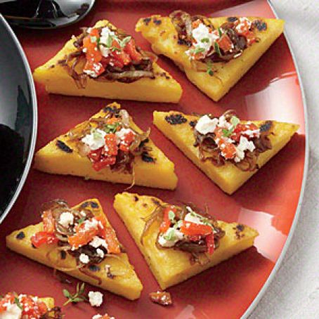 Polenta Toasts with Balsamic onions, roasted peppers & Thyme
