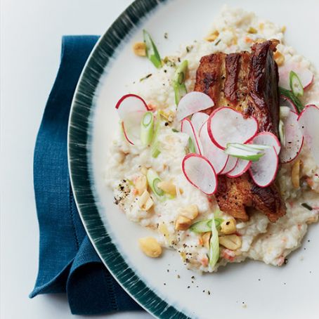 Crispy Pork Belly with Kimchi Rice Grits and Peanuts
