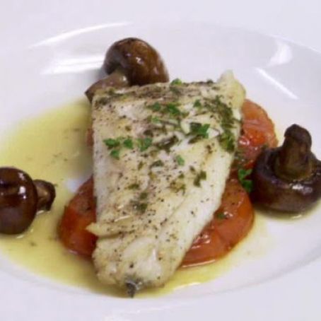 Branzino with Roasted Tomatoes, Olive Oil Poached Mushrooms