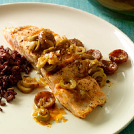 Salmon with Andouille Sausage and Green Olives
