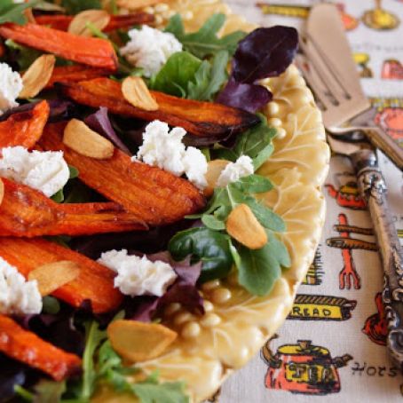 Roasted Carrot Salad with Arugula, Goat Cheese & Crispy Garlic Chips