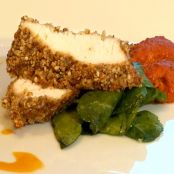 Spiced Almond Crusted Chicken with Roasted Red Pepper Pecan Sauce