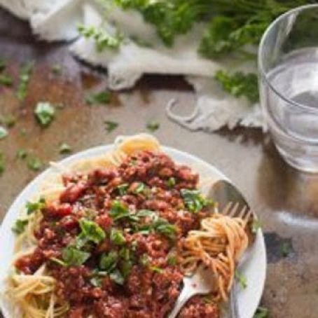 Spaghetti with Cauliflower Walnut Meat Sauce