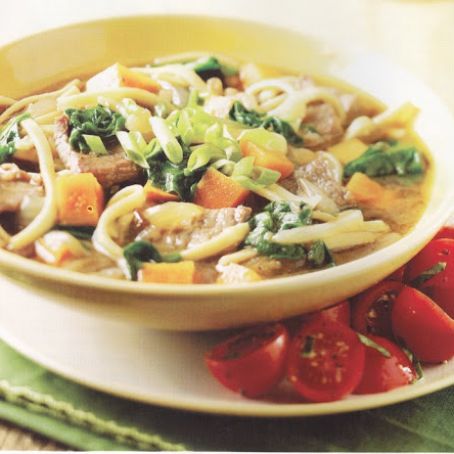 Bourbon Beef Noodle Bowl with maple, sweet potatoes & spinach