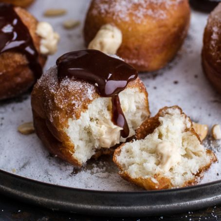 Peanut Butter Cheesecake Doughnuts with Salted Chocolate Bourbon Caramel