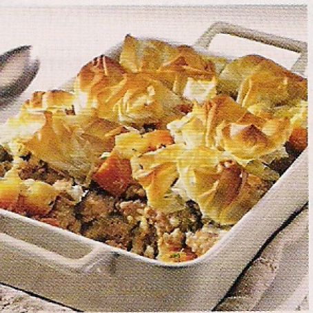 Cider-Braised Sausage Pie w/Scrunched Phyllo Crust