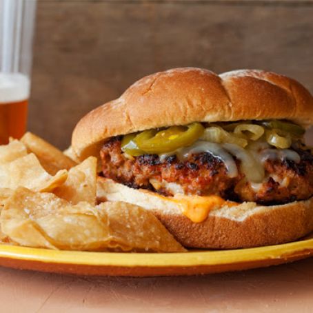 Meals (Latin Burgers with Caramelized Onion and Jalapeno Relish and Red Pepper Mayonnaise)