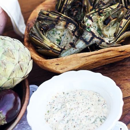 Grilled Artichokes with Garlic White Wine Dip