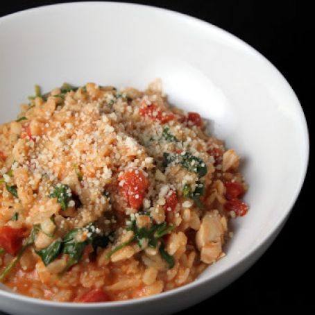 creamy barley with tomatoes and spinach