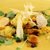 Curry Cauliflower Soup, Currants, Dried Apricots and Toasted Almonds