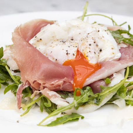 Salad with Poached Egg, Prosciutto, and Grana Padano