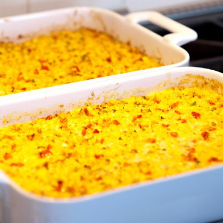 Fresh Corn Casserole With Red Bell Peppers And Jalapenos