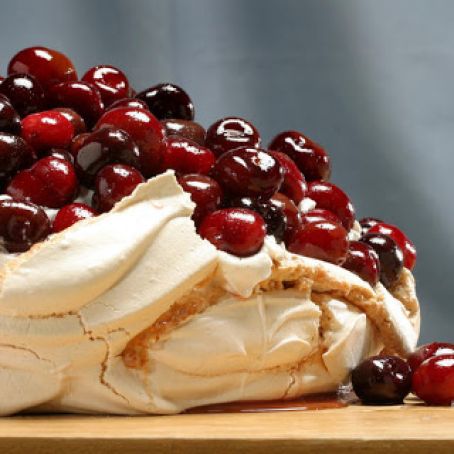 Roasted Cherry Pavlova with Cinnamon Whipped Cream