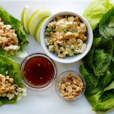 Three Herb and Tofu Lettuce Wraps with Soy Honey Dipping Sauce