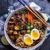 Crockpot Crispy Caramelized Pork Ramen Noodle Soup w/Curry Roasted Acorn Squash
