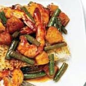 Hoisin-Glazed Shrimp over Crispy Noodle Cake