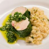 Spinach Wrapped Chicken with Lemon Risotto and Feta Cheese Salsa Verde