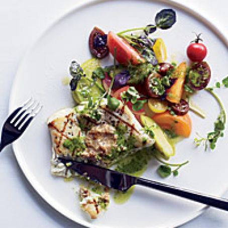 Grilled Halibut with Herb Pistou and Walnut Butter