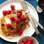 Banana Pancakes with Chocolate Bits and Raspberries