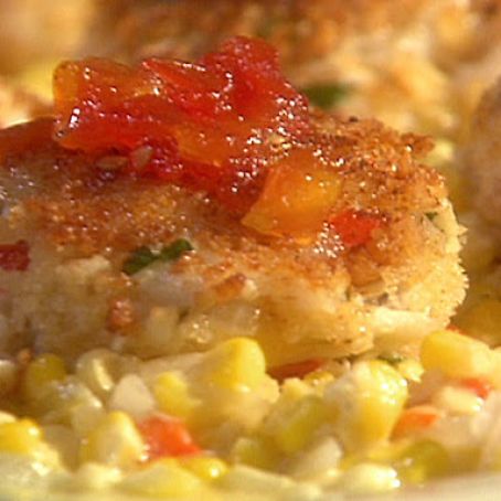 Emeril's Gulfcoast Fishhouse Crab Cakes with Sweet Corn Maque Choux and Tomato Jam