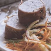 PROSCIUTTO ROAST PORK TENDERLOIN WITH FENNEL CARROT SLAW