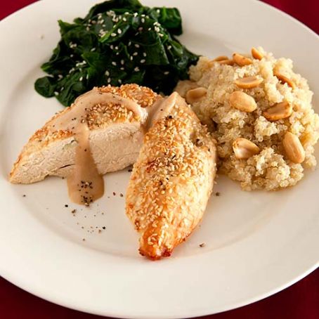 Sesame Garlic Chicken with Tahini Spinach & Toasted Peanut Quinoa