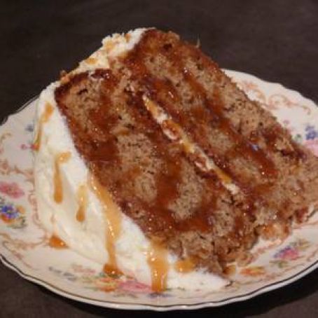 Pumpkin Spice Cake with Maple Whip Cream Frosting and Warm Caramel Sauce