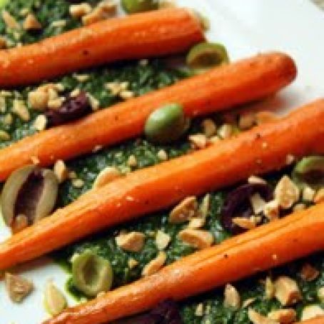 Roasted Carrots with Salsa Verde, Almonds and Olives